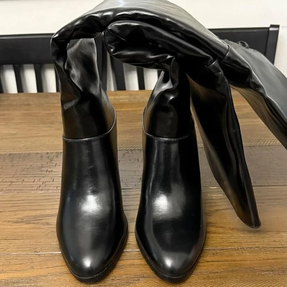 🆕Womens Black Synthetic Thigh High Pointed Toe Chunky Heel Over the Knee Boots